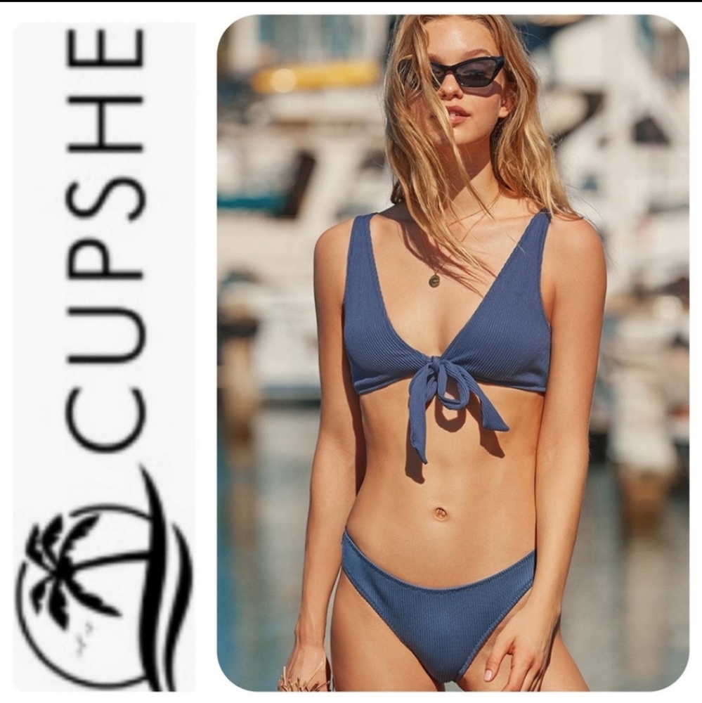 Nwt cupshe ribbed bikini front tie grayish blue‎ size xxl